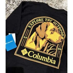 New! Men's Black Columbia Short Sleeve Shirt Size Large Dog Explore The Outdoors
